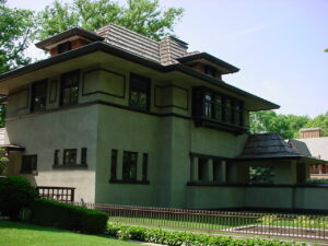 exterior and street side of the Hills-DeCaro House in Oak Park IL